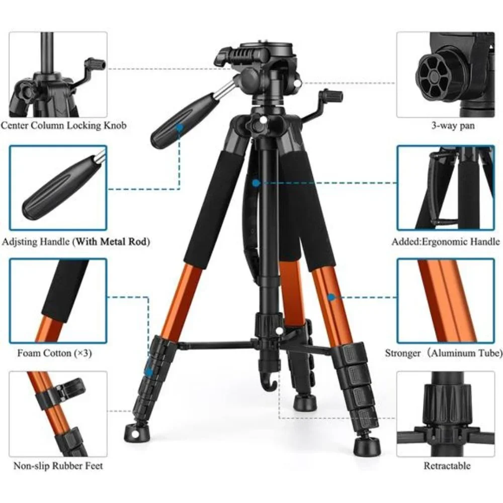 Tripod 74” Camera Tripod for Cell Phone, Aluminum Professional Heavy Duty Camera